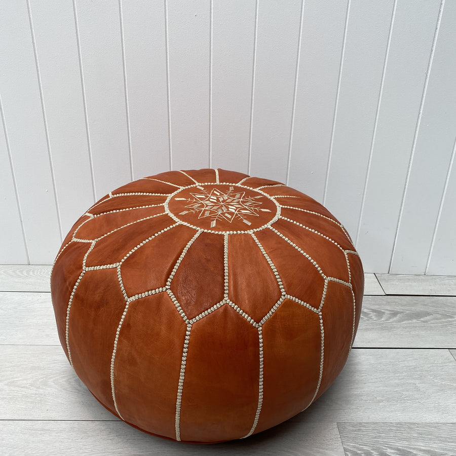 Moroccan Leather Ottoman - Dark Tan and white stitching