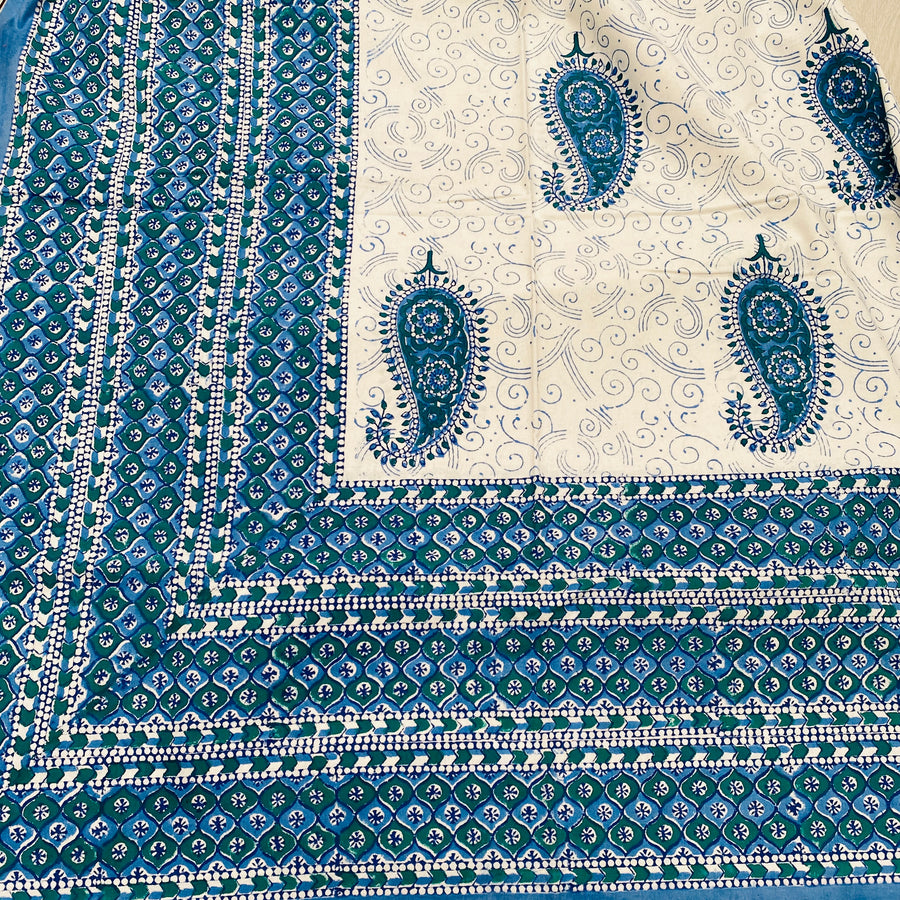 Block Printed Tablecloth - Blue and Green Paisley