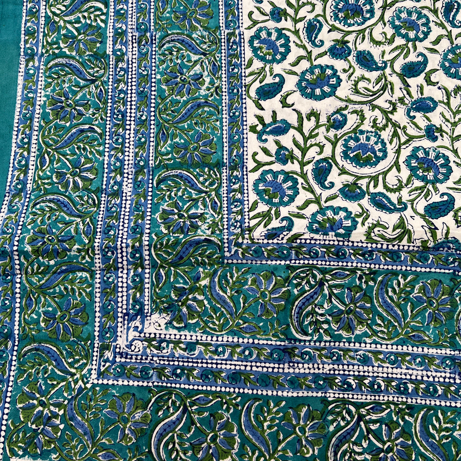 Block Printed Tablecloth - Teal and White