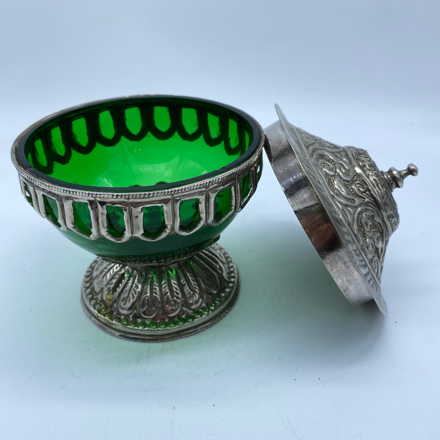 Glass and Metal Sweets Bowl with Lid - Dark Green