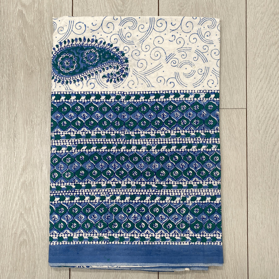 Block Printed Tablecloth - Blue and Green Paisley