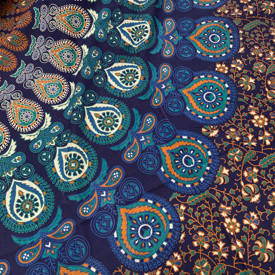 Indian Barmeri Tablecloth - Blue Fan Mandala