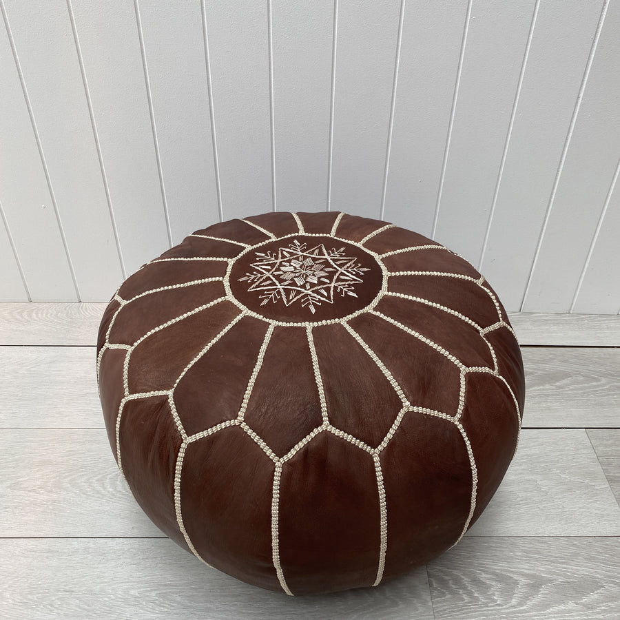 Moroccan Leather Ottoman - Cocoa and white stitching
