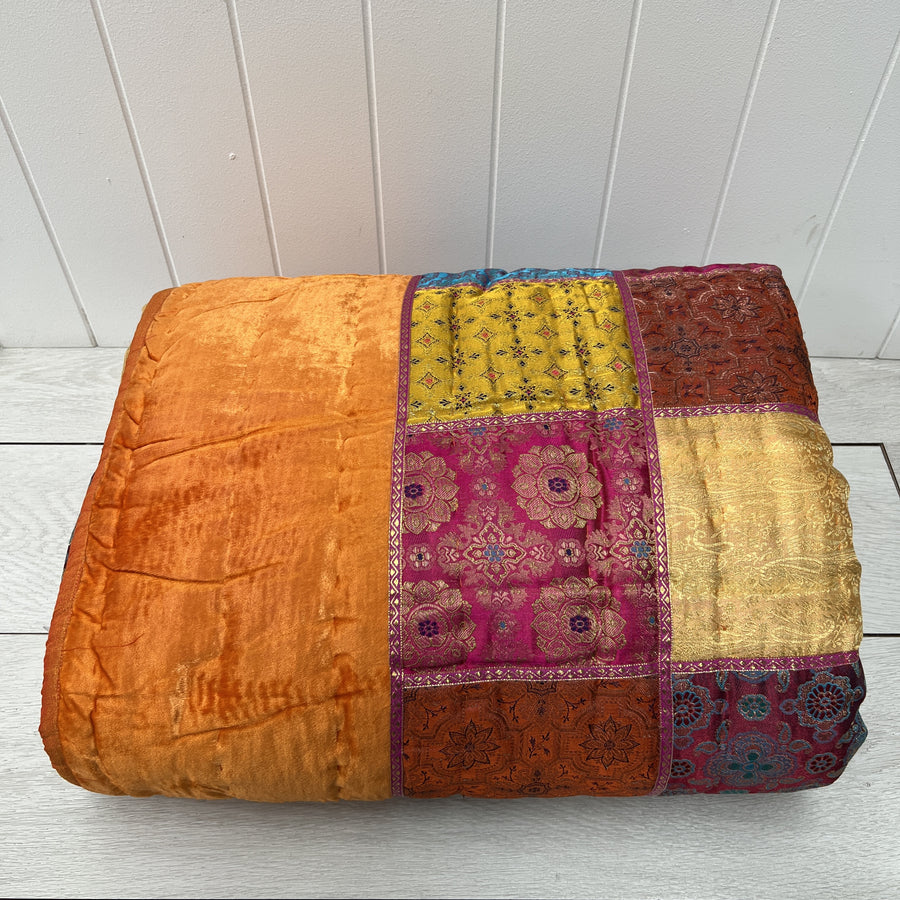 Indian Velvet & Brocade Patchwork Quilt - Double, Orange