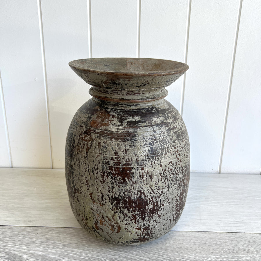 Vintage Painted Wooden Pot - Grey