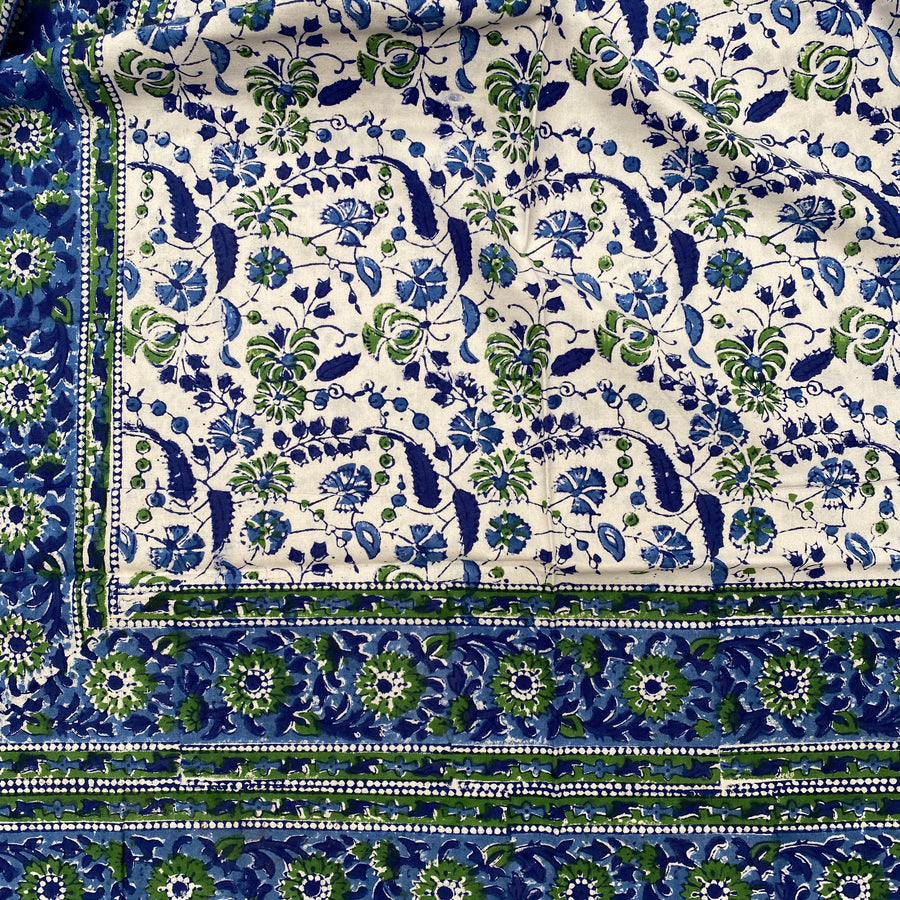 Block Printed Tablecloth - Green and Blue Flower