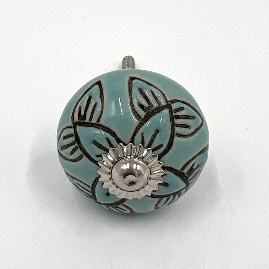 Mint Blue Flower Indian Door Knob