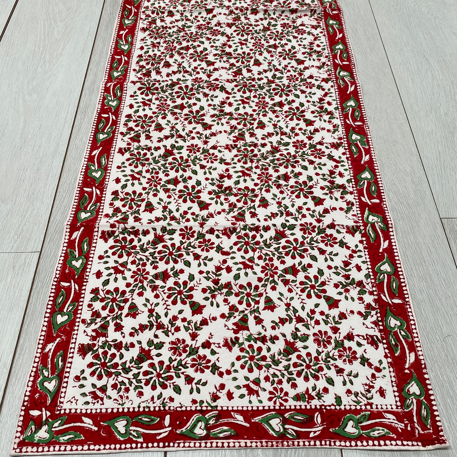 Block Printed Table Runner - Green and Red