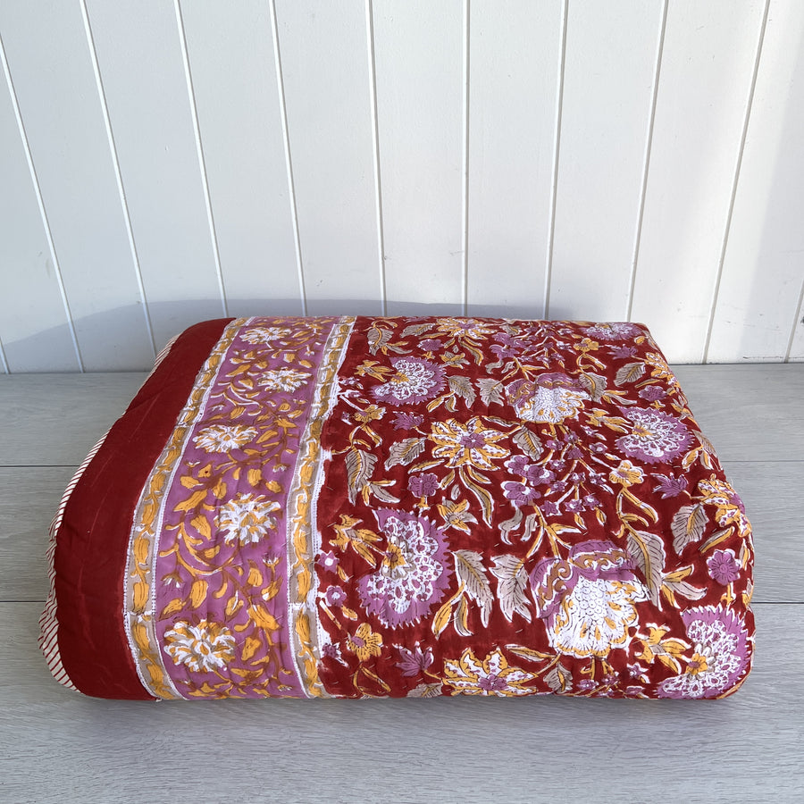 Indian Block Printed Cotton Quilt - Magenta & Musk