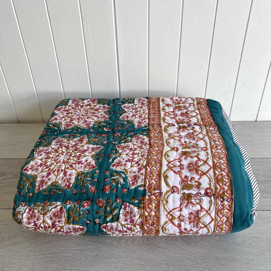 Indian Block Printed Cotton Quilt - Pink & Teal Flower