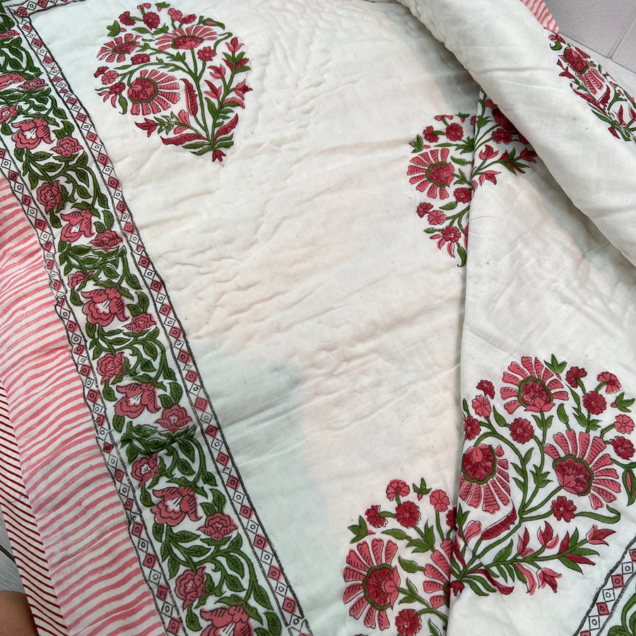 Indian Block Printed Cotton Quilt - Rose Pink Flowers
