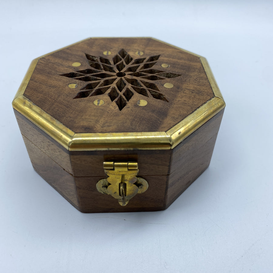 Carved Wooden Box - Metal Inlay, Star