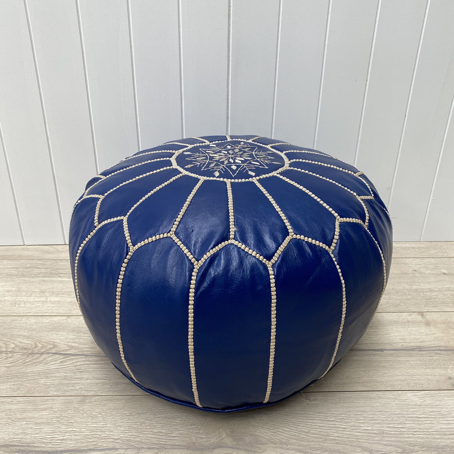 Moroccan Leather Ottoman - Navy, white stitching