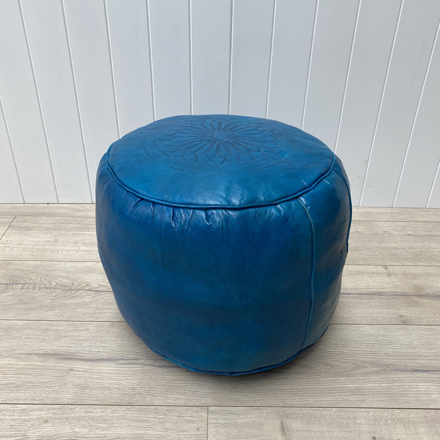Moroccan Leather Ottoman - Fes, Teal Blue